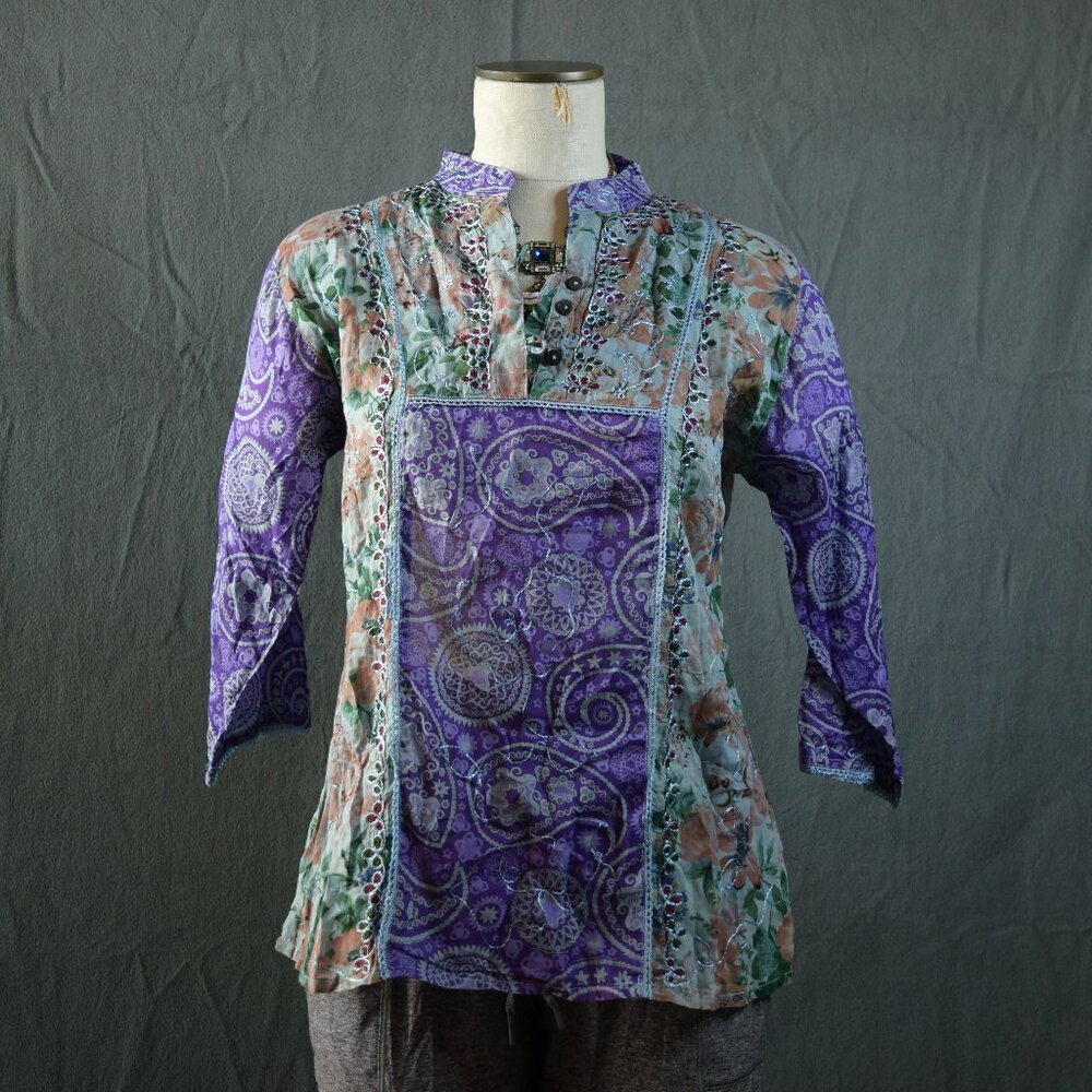 Paisley Purple and Green Print Blouse Size S/M (Free)